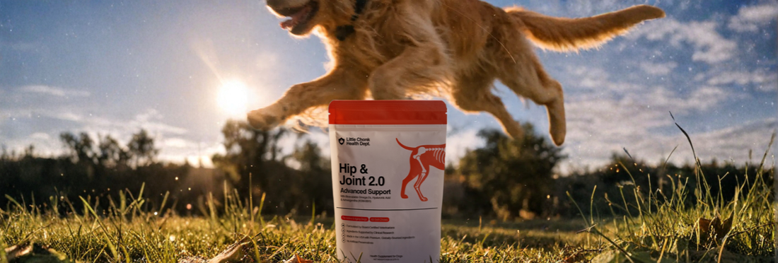 A healthy active dog leaping over a bag of Little Chonk Health Department Hip & Joint 2.0 supplement for dogs