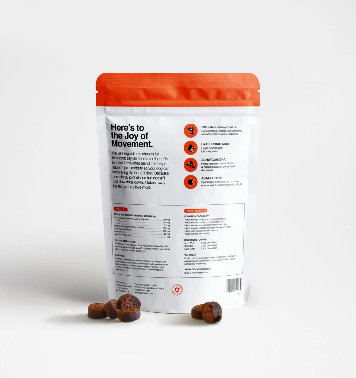 White and orange resealable pouch of hip and joint 2.0 advanced support dog chew treats for joint health