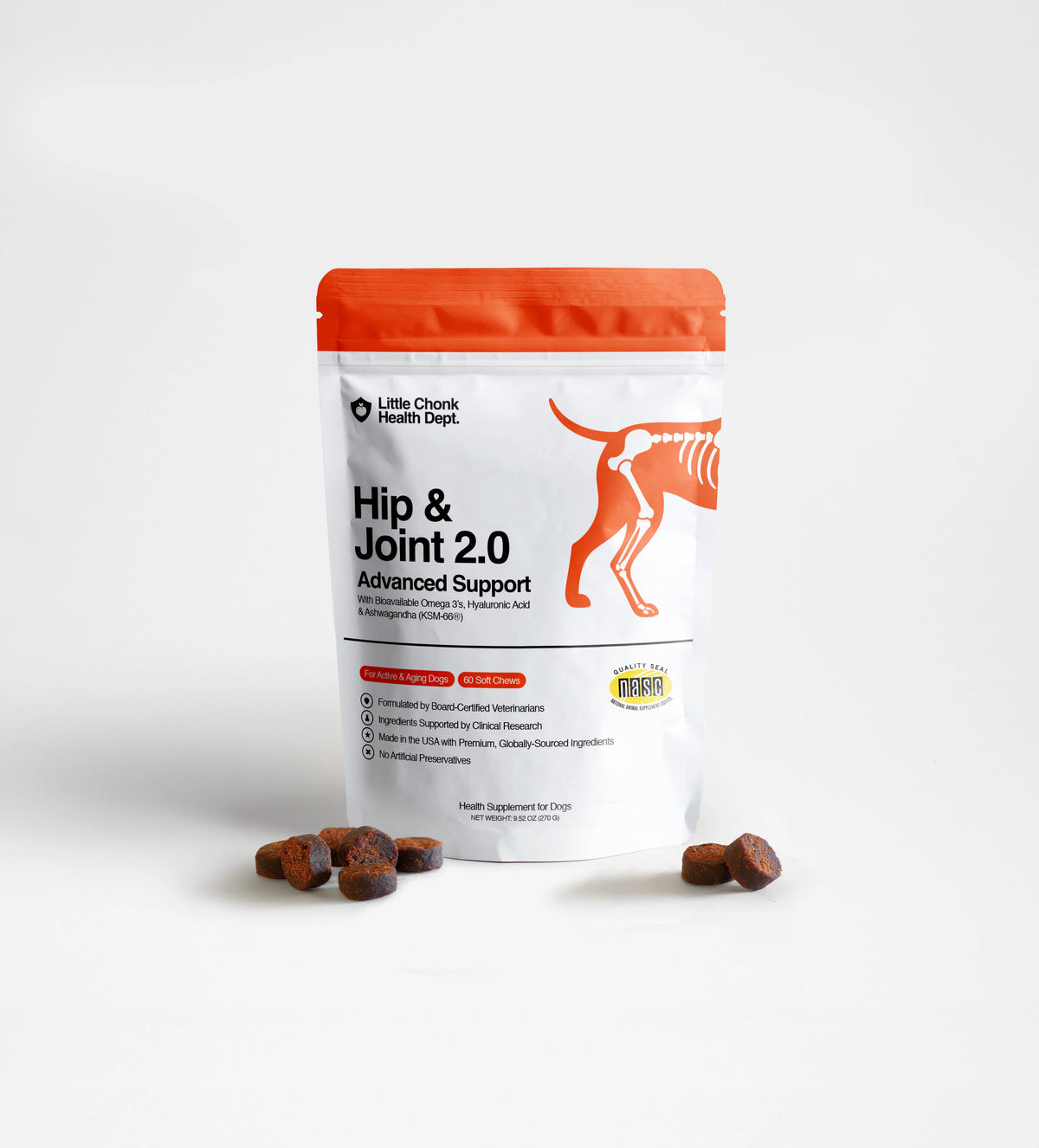 White and orange resealable pouch of little chonk health dept hip and joint 2.0 advanced support supplement