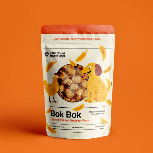 A white and orange pouch of little chonk health dept bok bok organic treats for natural pet snacks